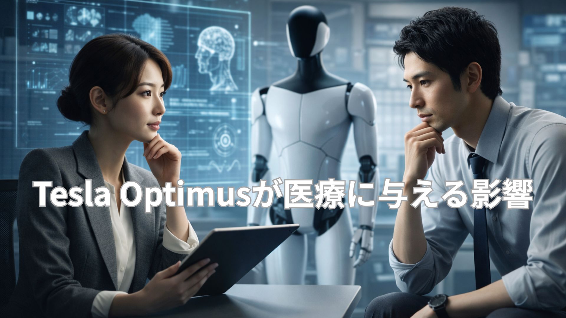 Teslaの人型ロボットOptimusが医療の意思決定や業務に関わる未来を表現したビジュアル