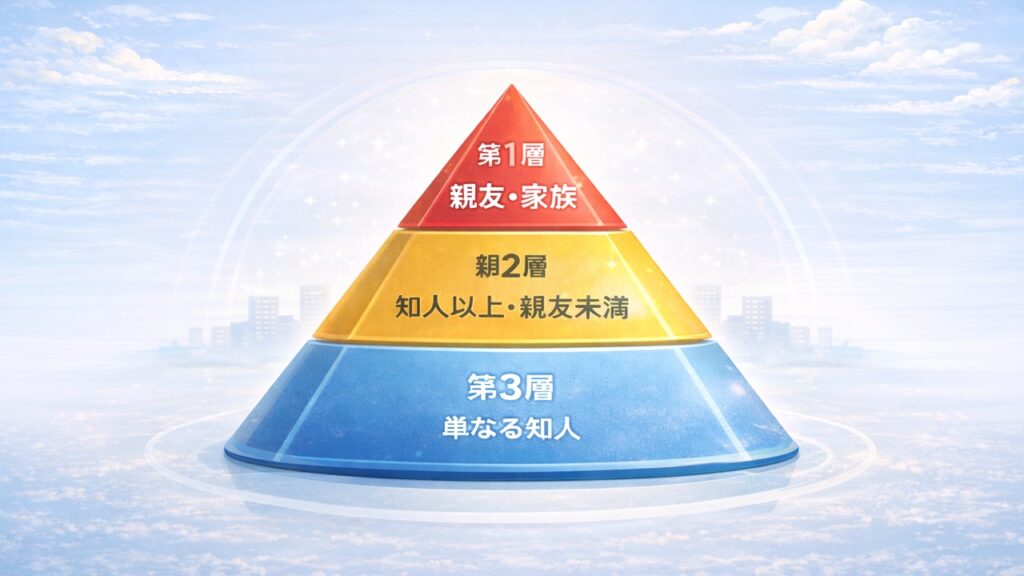 人脈は3階層で構成されることを示したピラミッド図（第1層 親友・家族／第2層 知人以上・親友未満／第3層 単なる知人）