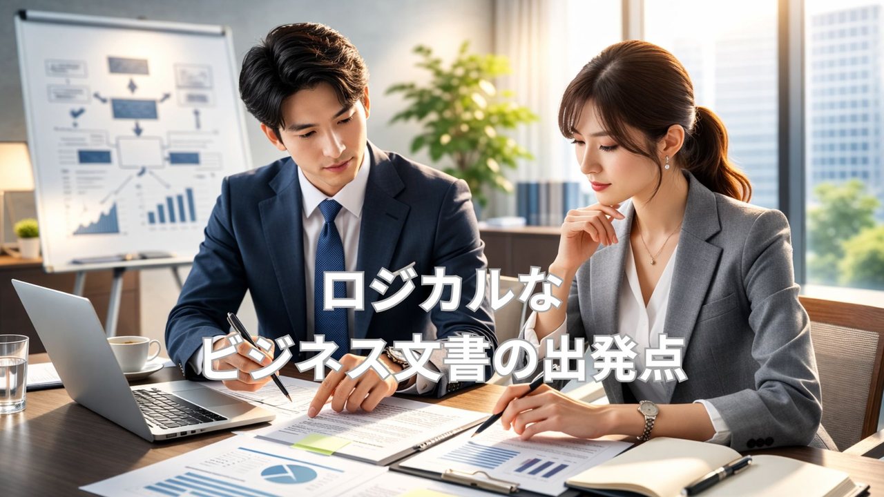 ロジカルなビジネス文書の出発点を議論する男女のビジネスパーソンの打ち合わせ風景