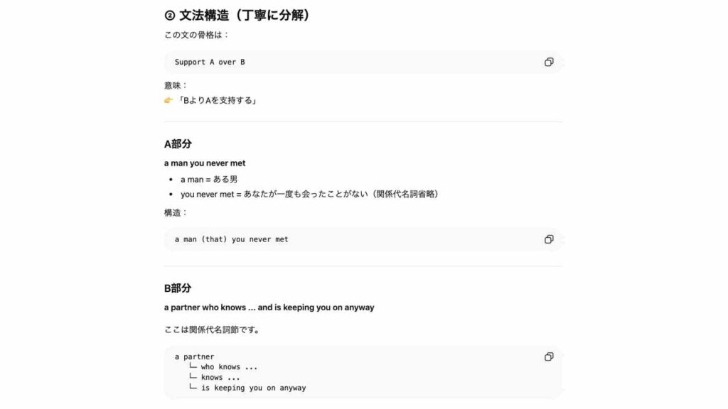 英語表現 Support A over B の文法構造と関係代名詞の解説図