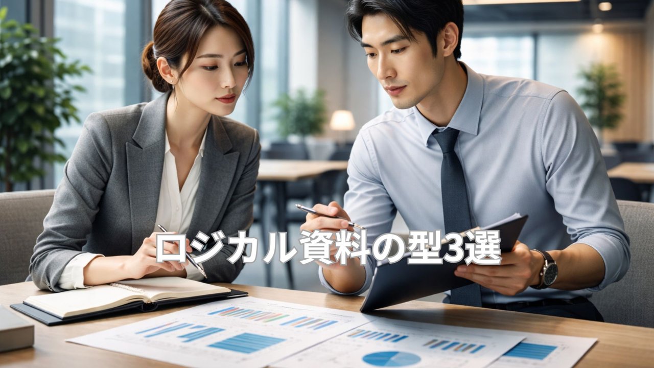 ロジカル資料の型3選を解説するビジネスシーン。男女のビジネスパーソンが資料をもとに議論している様子