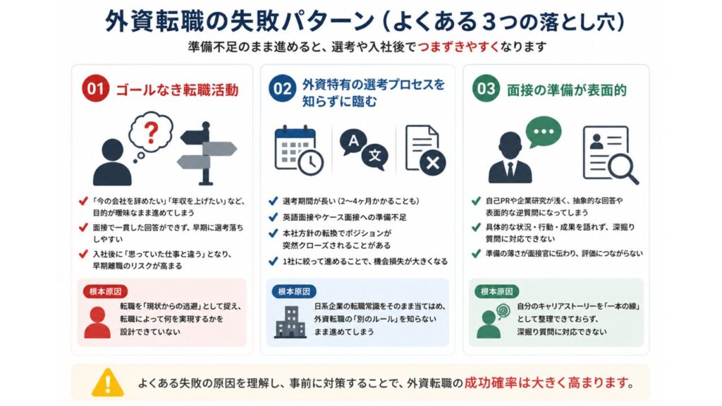 外資転職の失敗パターン3選（ゴールなき転職・選考プロセス理解不足・面接準備不足）を解説した図