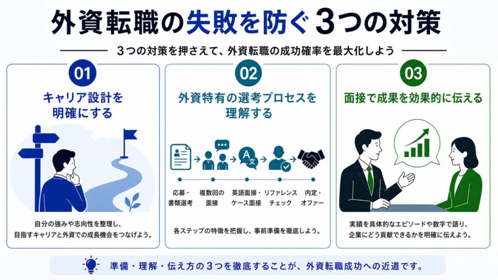 外資転職を成功に導く3つの対策(キャリア設計・選考プロセス理解・面接での成果訴求)を解説した図解