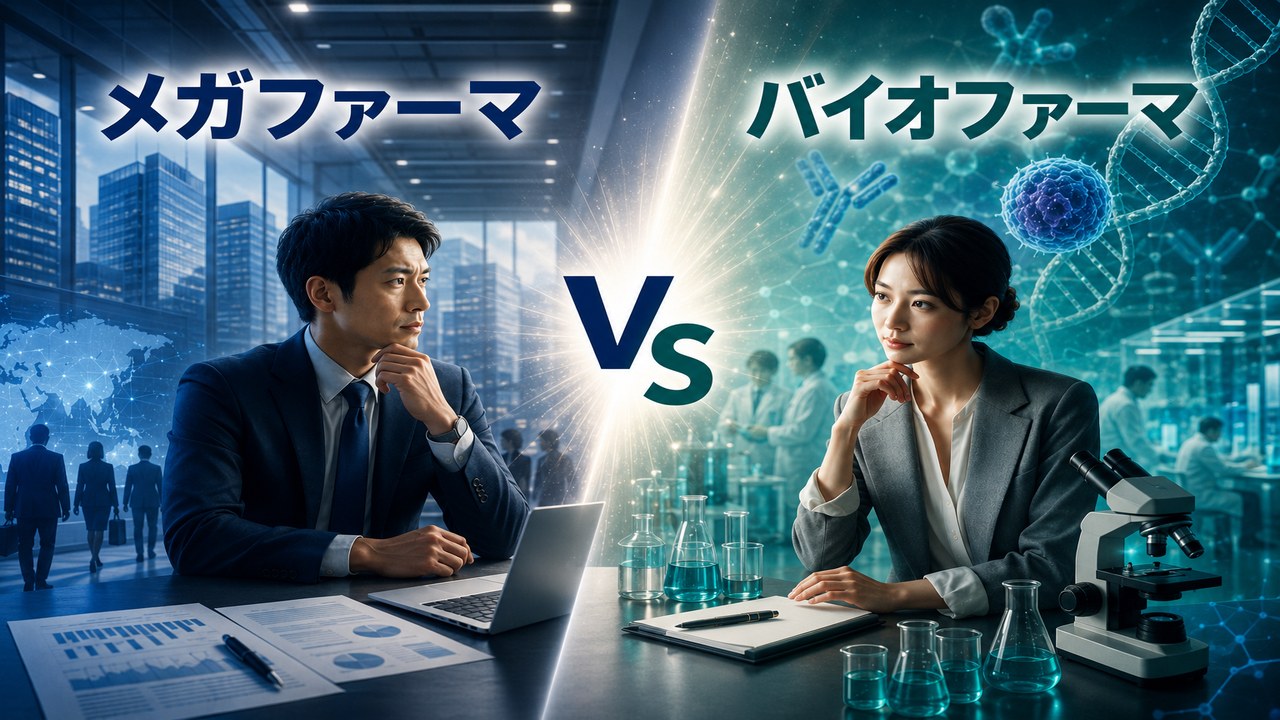 メガファーマとバイオファーマの違いを比較したビジネスイメージ