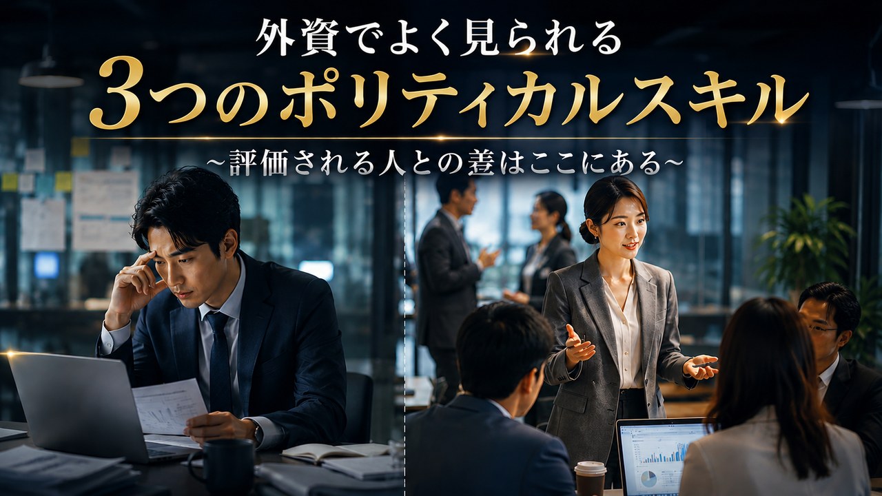 外資系企業で評価される人と評価に悩む人の違いを表現したポリティカルスキル解説イメージ