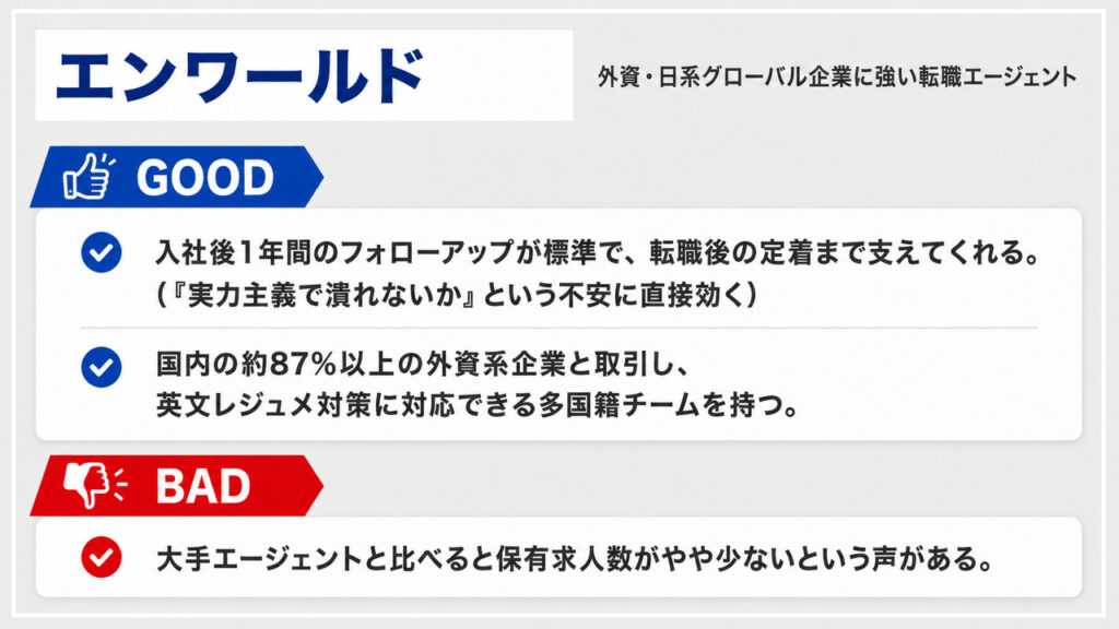 エンワールドのGood・Badポイント|外資転職支援と入社後フォローの特徴